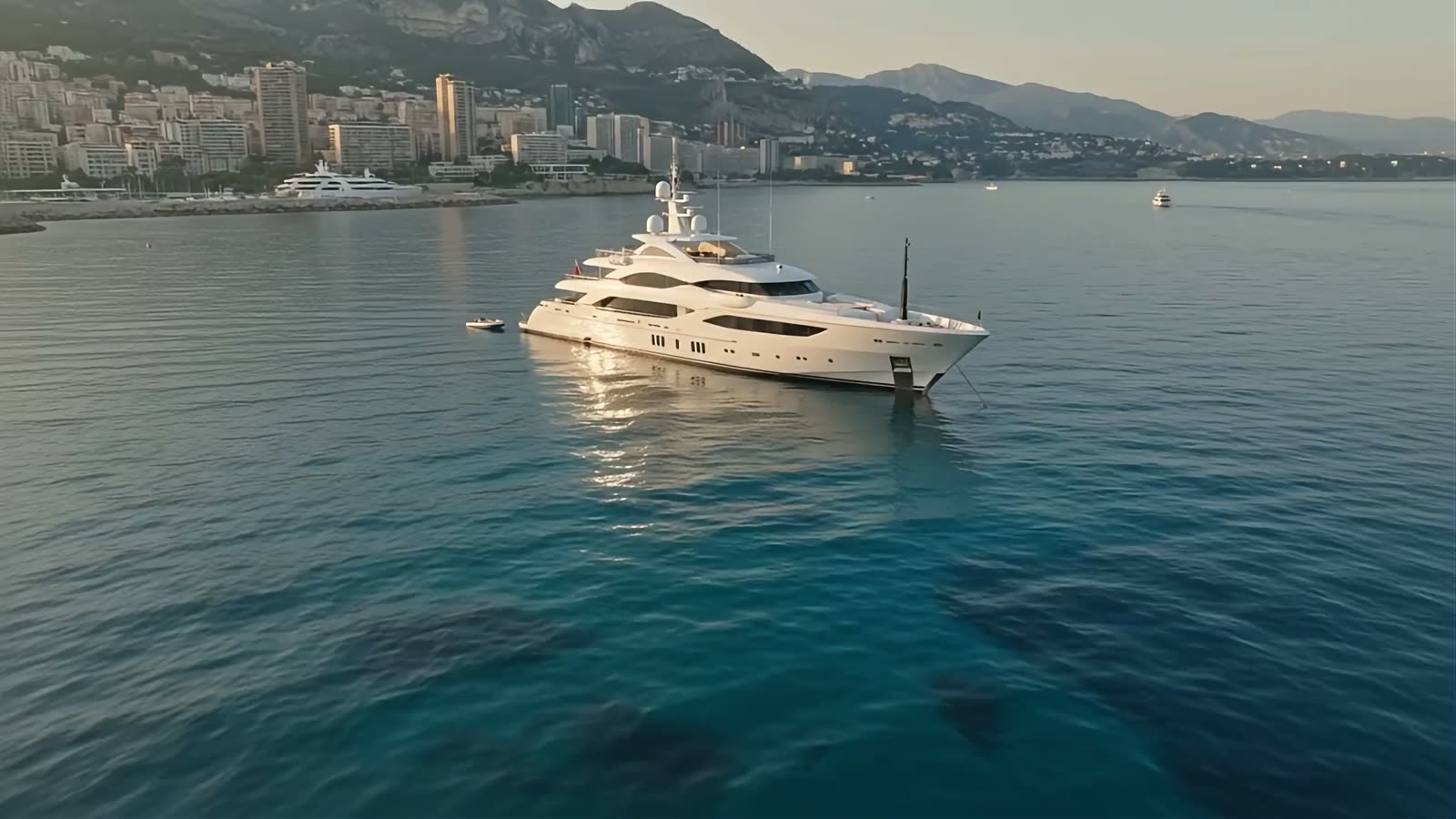 Superyacht lying at anchor off the Monaco coastline at golden hour